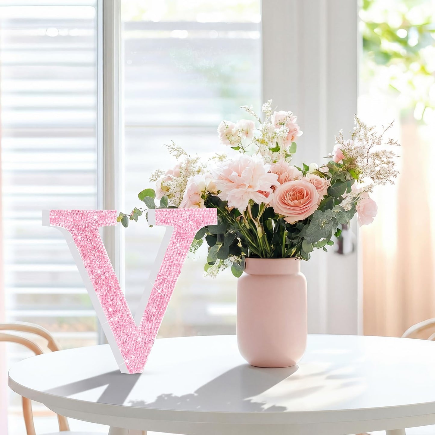 Qunclay Pink Crystal Diamond Letter Wall Decor, Glitter Wooden Bling