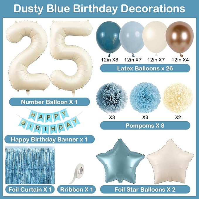 Dusty Blue 25th Birthday Party Decorations for Her Him Beige Cream