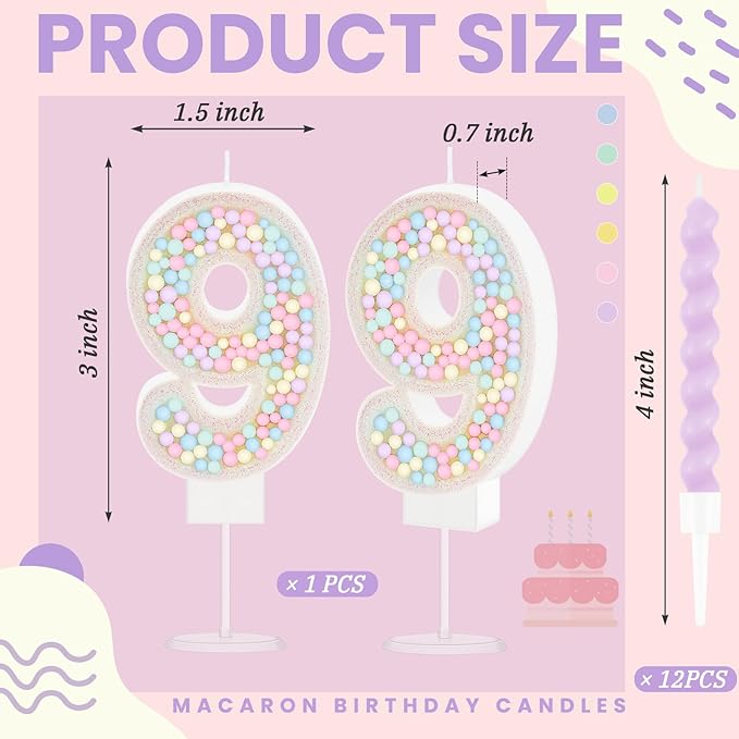 MTLEE Number 9 Birthday Candle with 12 Pcs Spiral Candles for Girls Ma