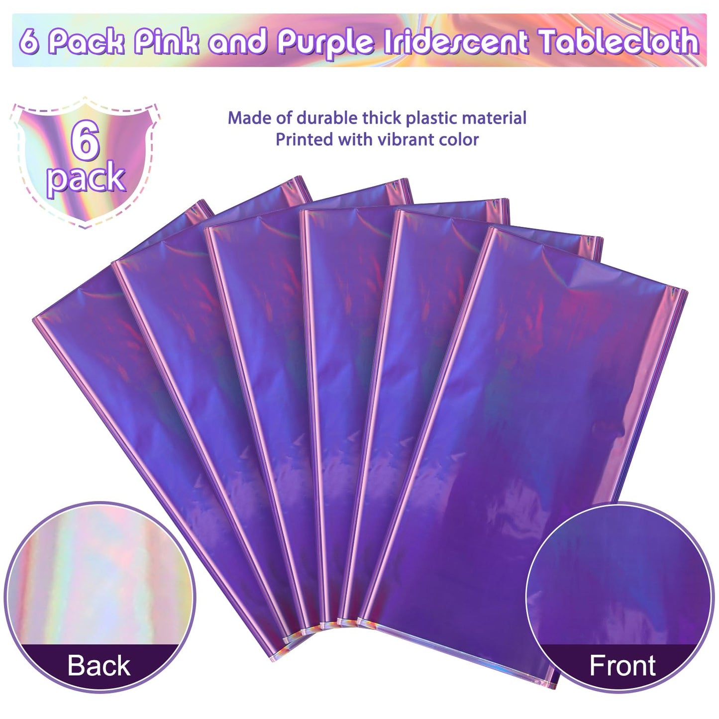 6 Pack Ombre Iridescent Pink and Purple Plastic Tablecloths, Shiny