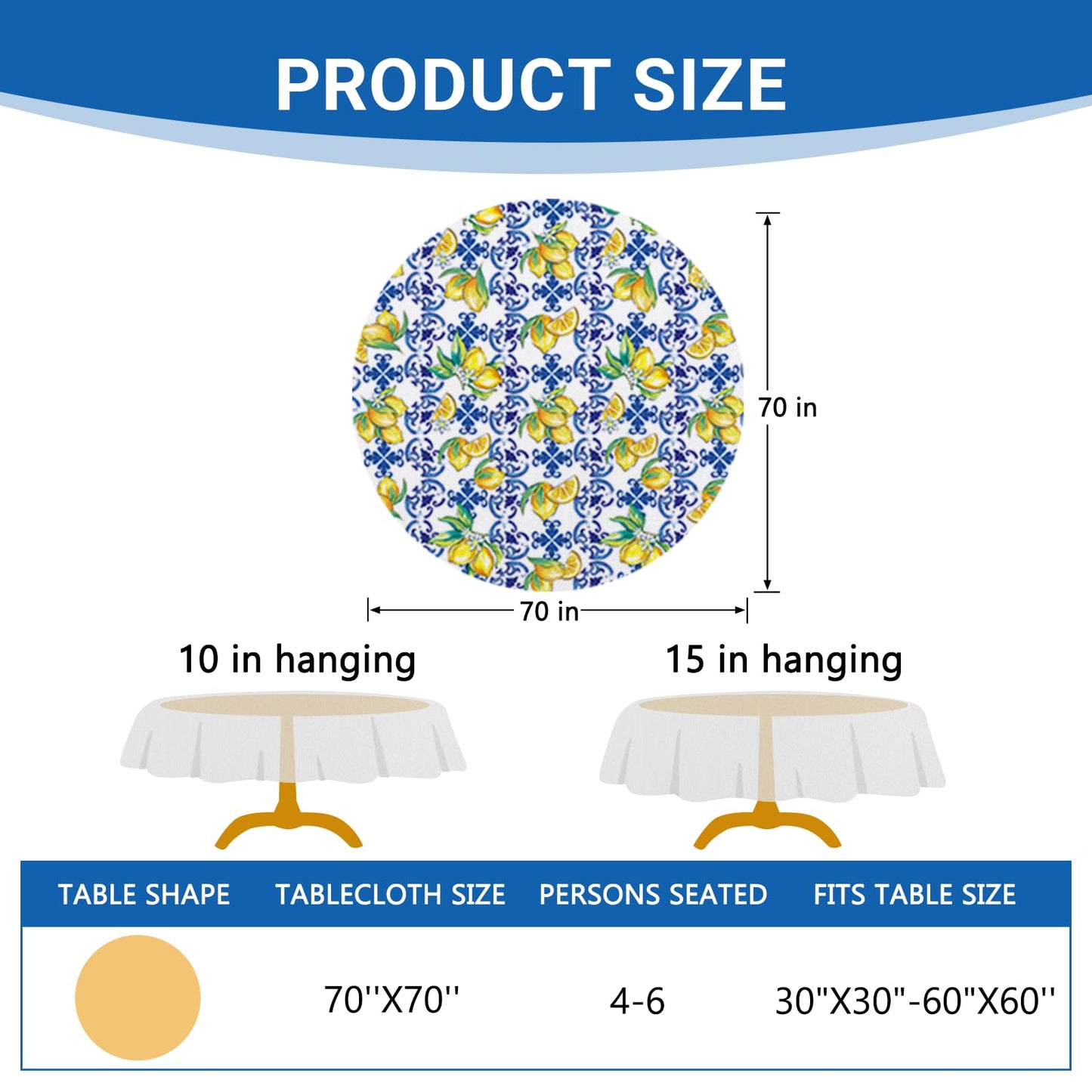 Livcoz Blue Lemon Italy Tile Pattern Round Tablecloth 70 x 70 Inches,