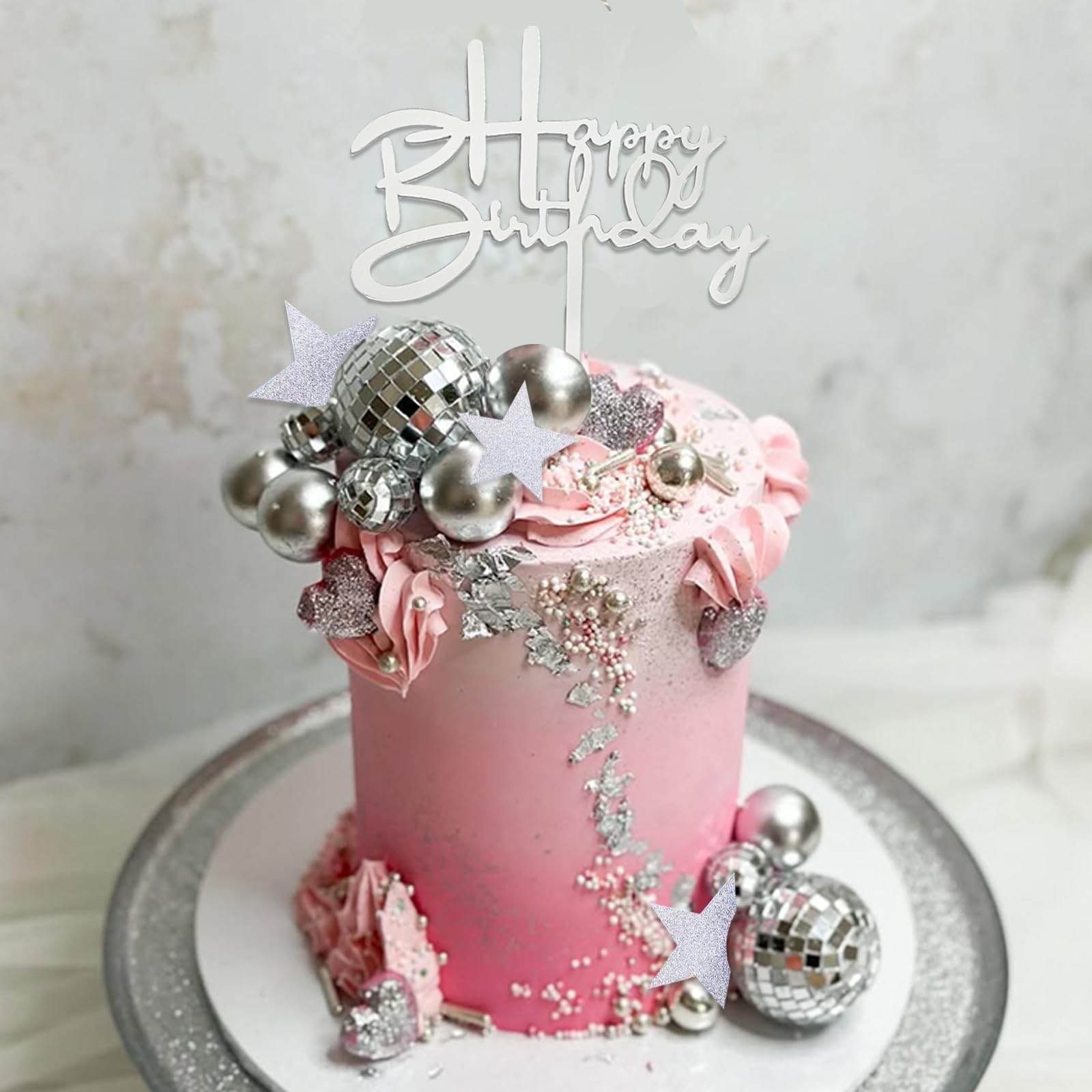 40Pcs Disco Ball Cake Toppers Silver Balls Cake Decorations with