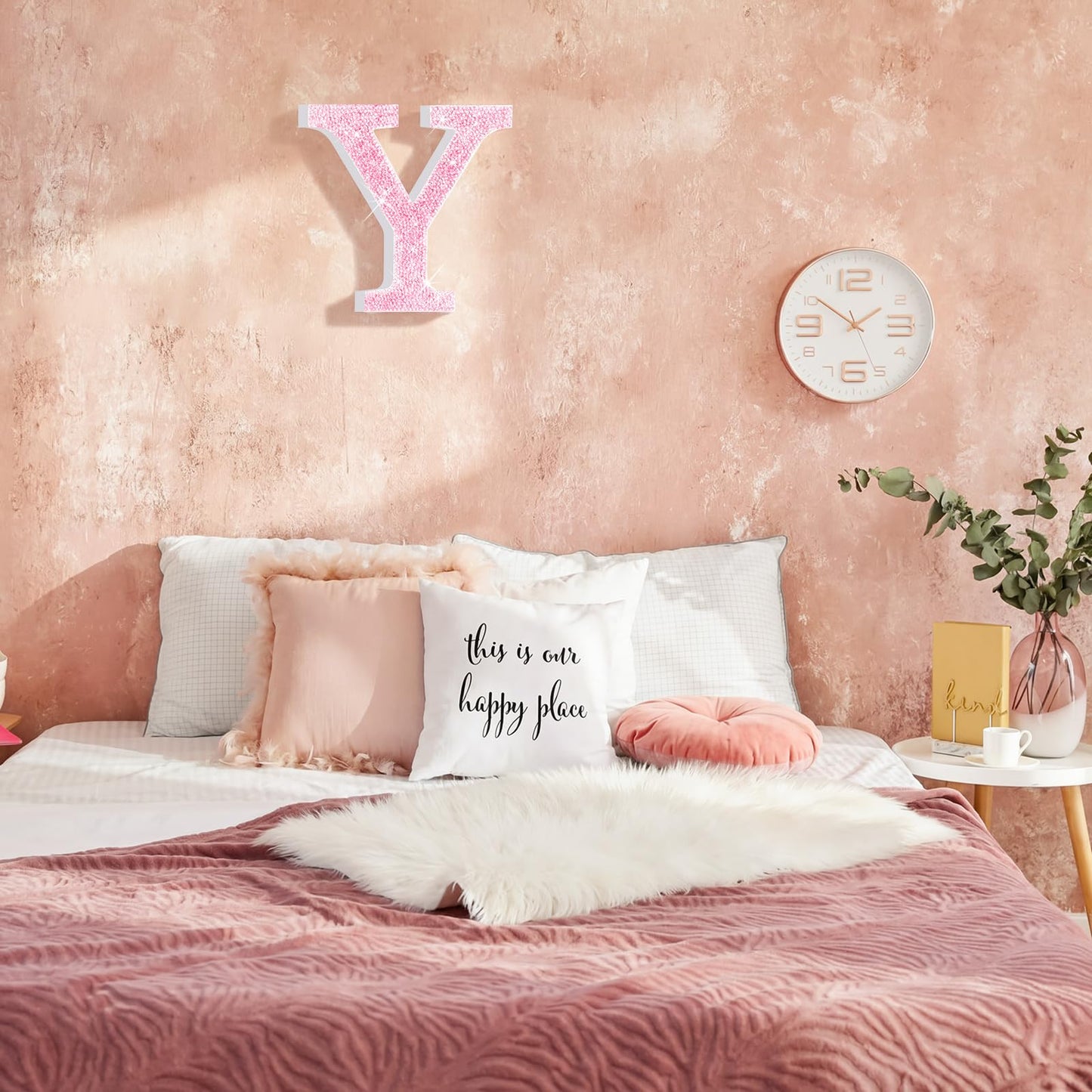 Qunclay Pink Crystal Diamond Letter Wall Decor, Glitter Wooden Bling