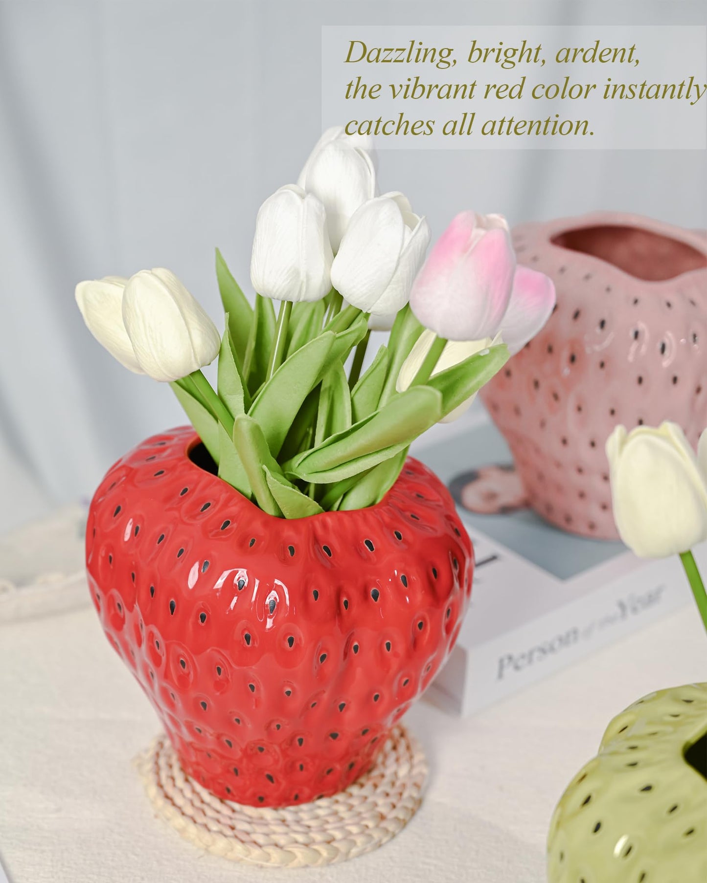 DN DECONATION Red Strawberry Vase, Strawberry Ceramic Flower Vases for