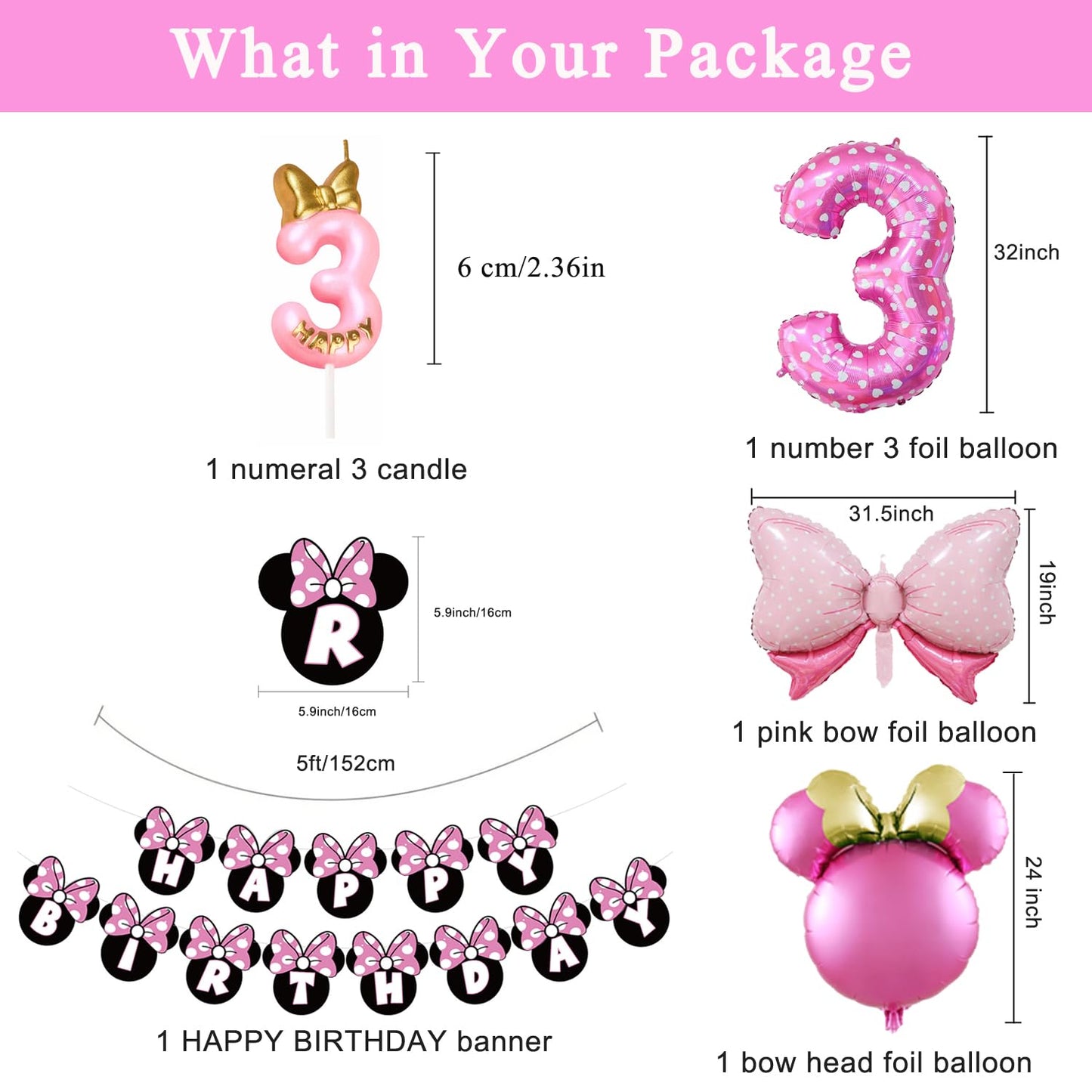 Pink Mouse 3rd Birthday Party Supplies, Three Years Old Girl Bow Party