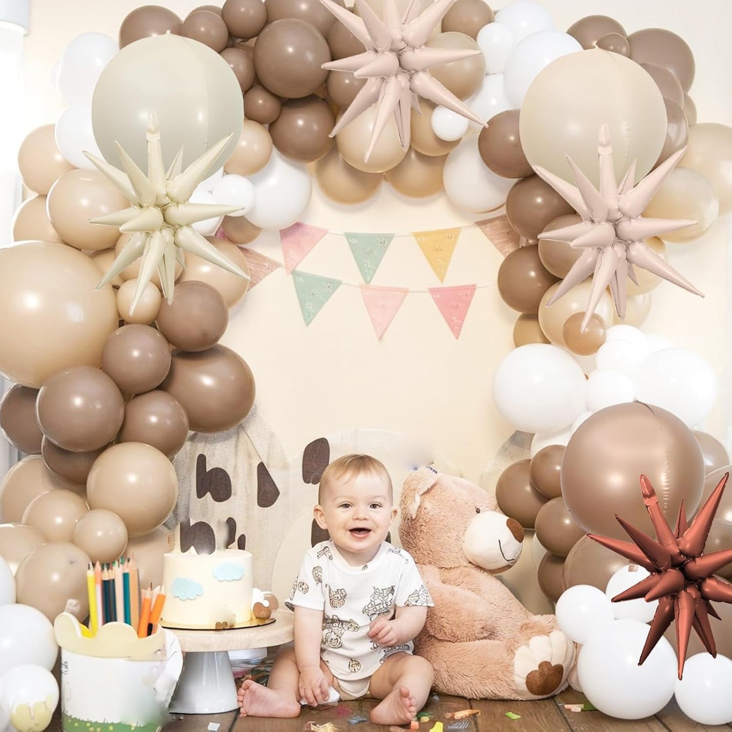 6Pcs Sand White Brown Foil Balloons,22Inch Cream Beige Tan 4D Round