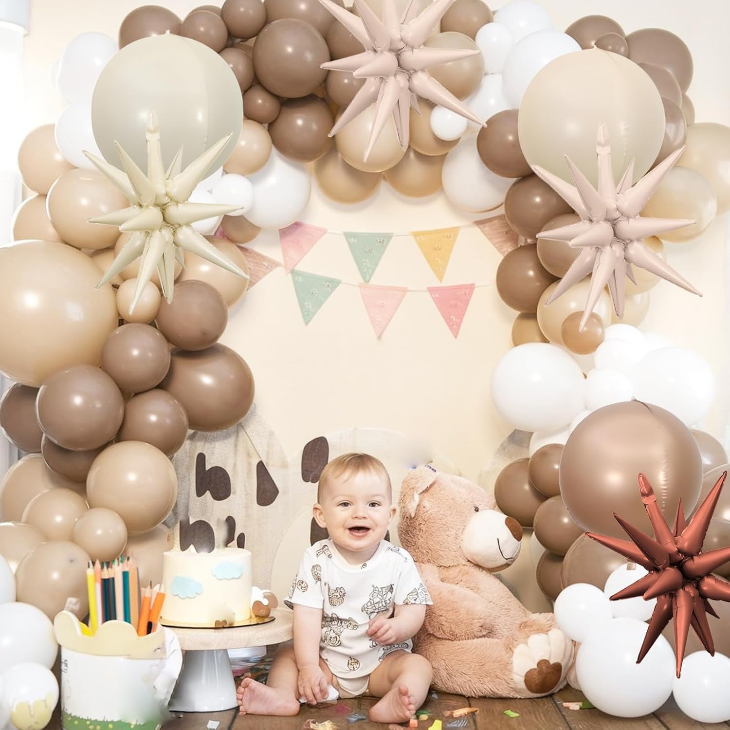 6Pcs Sand White Brown Foil Balloons,22Inch Cream Beige Tan 4D Round