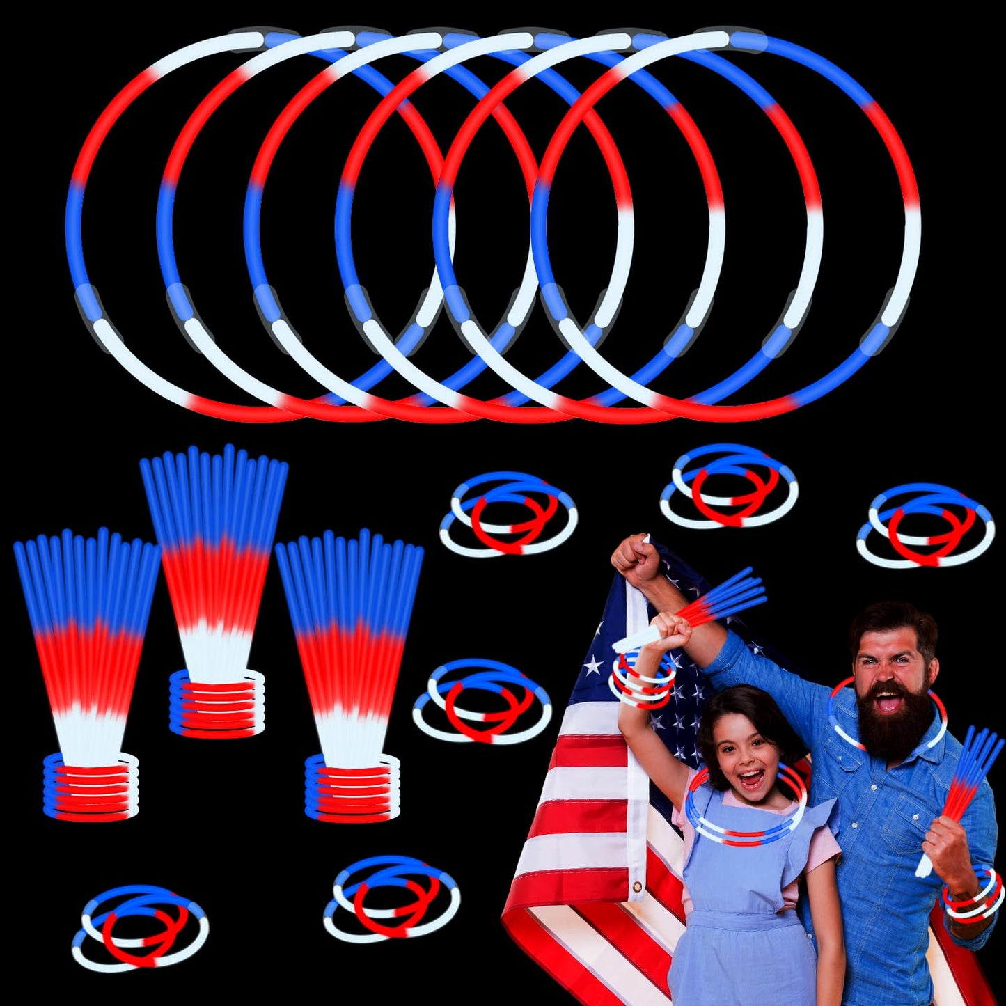 Patriotic Red White Blue Glow Sticks Bulk Party Pack 200 PCS, 4th of