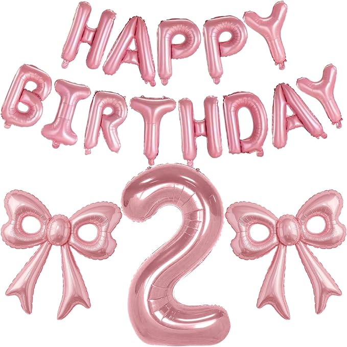 Bow Number 2 Birthday Balloons, 40” Pink Aluminum Foil Balloons Happy