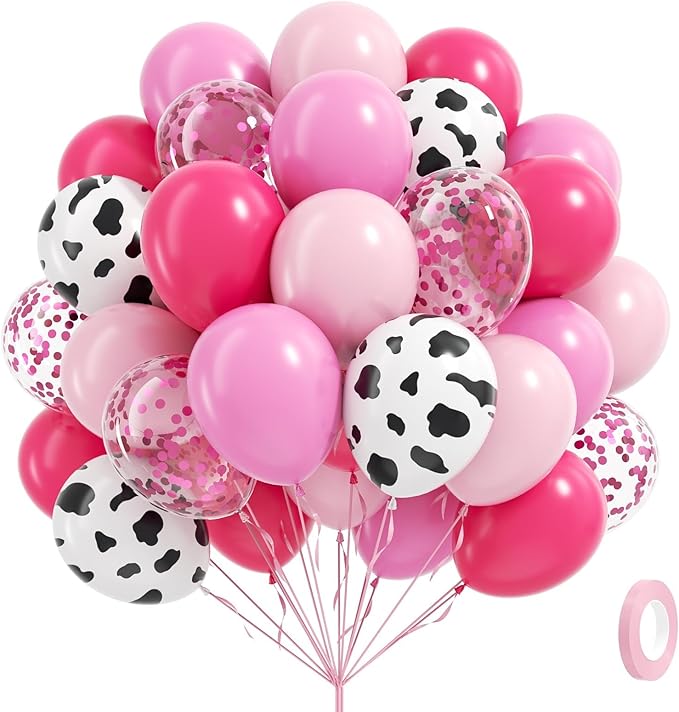 60pcs Cowgirl Balloons, Hot Pink Light Pink Confetti Cow Print Latex