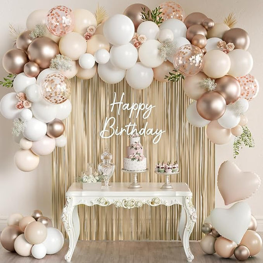 White and Champagne Gold Balloons Garland Arch Kit with Rose Gold
