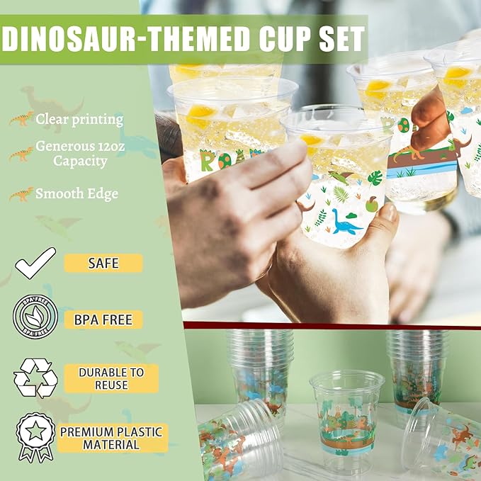 100 Pcs Dinosaur Cups 12oz Dinosaur Plastic Clear Disposable