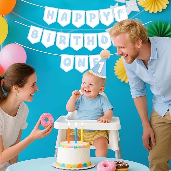 First Birthday Decorations for Boy Blue One Birthday Hat and Pre