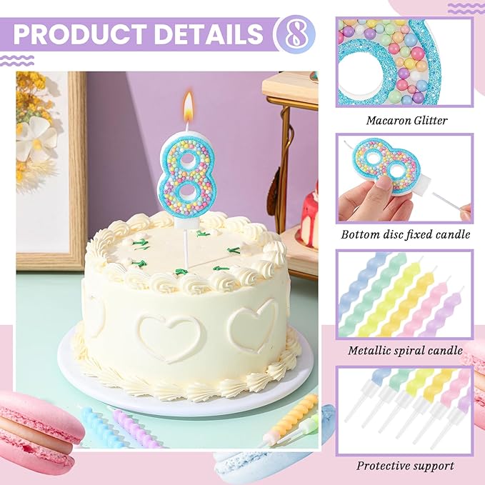 MTLEE Number 8 Birthday Candle with 12 Pcs Spiral Candles for Girls #3
