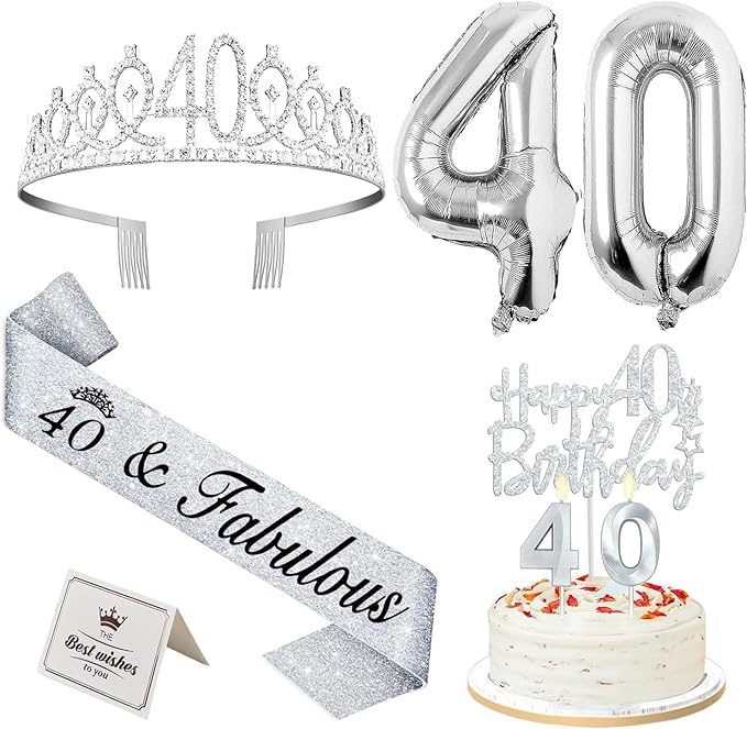 40th Birthday Decorations Women Silver with 40th Birthday Sash and