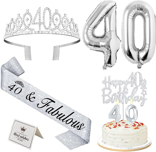 40th Birthday Decorations Women Silver with 40th Birthday Sash and