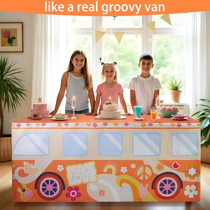 4Ft Groovy Bus Tablecloth,Hippie Birthday Party Decorations for 60s