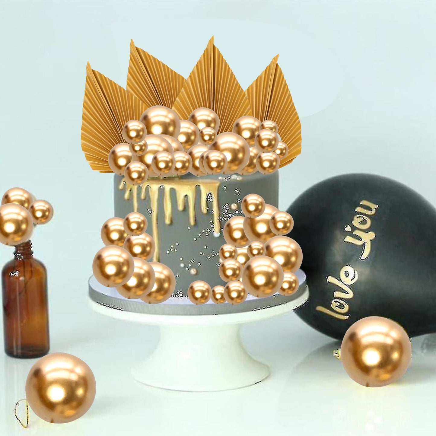 Ephlyn 28Pcs Paper Palm Fan Cake Topper Balls Cake Pick for Baby Gold