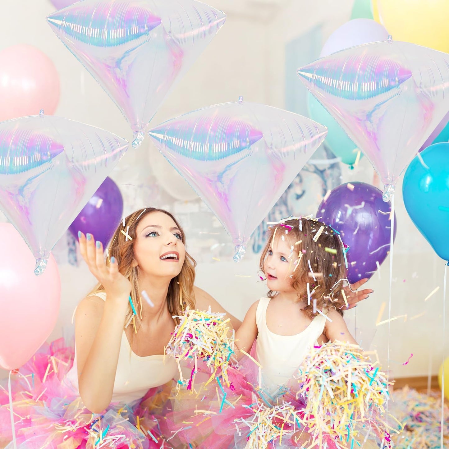 Iridescent Diamond Balloons 4 pcs,Transparent Foil Diamond Balloon for