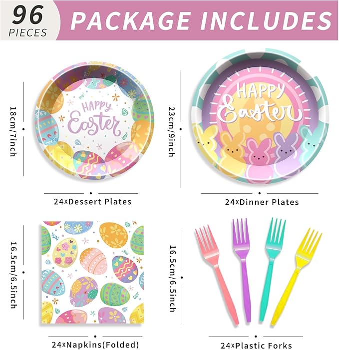 96 Pcs Easter Party Supplies Easter Plates and Napkins Set Colorful