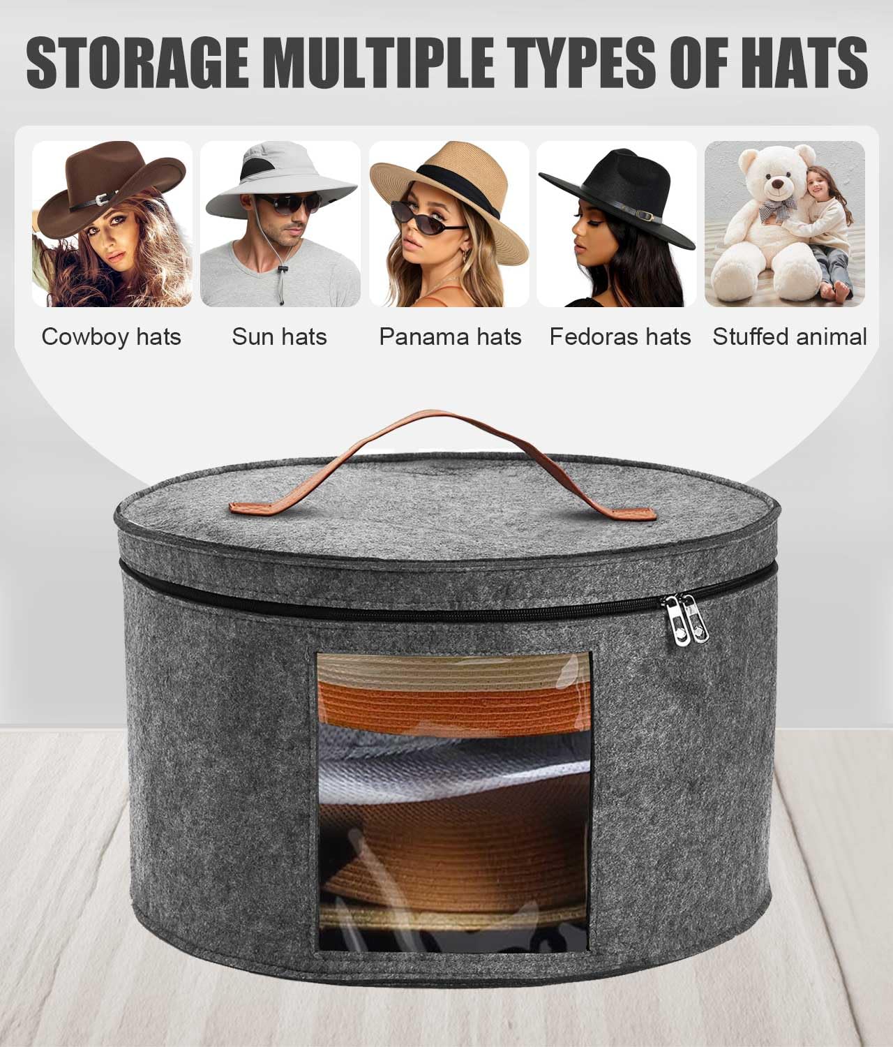 PANGTON Hat Box, Travel Hat Storage Box, Foldable Space-saving Hats