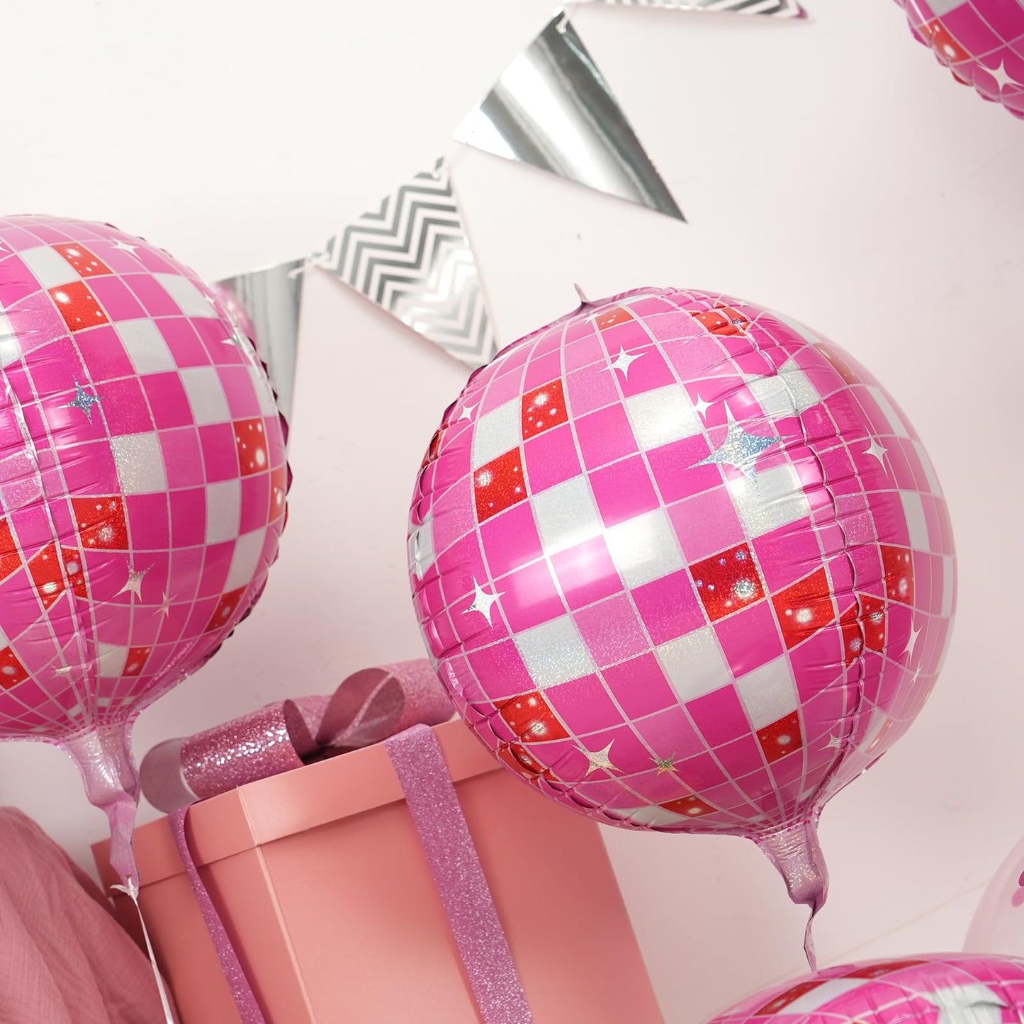Disco Ball Balloons Pink 4PC,Foil Disco Balloons 22 Inch 4D Round Pink