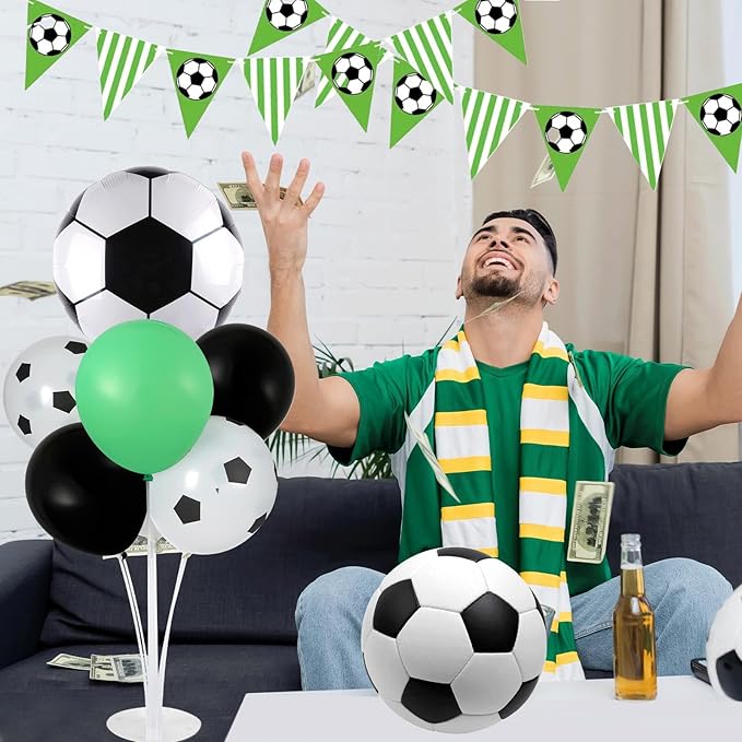 4 Sets Soccer Party Balloons Stand Kit with Soccer Foil Balloons