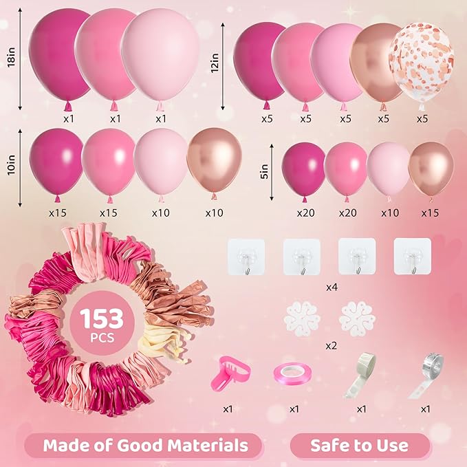 Amandir 153pcs Pink Balloon Garland Arch Kit, Different Sizes 18 12