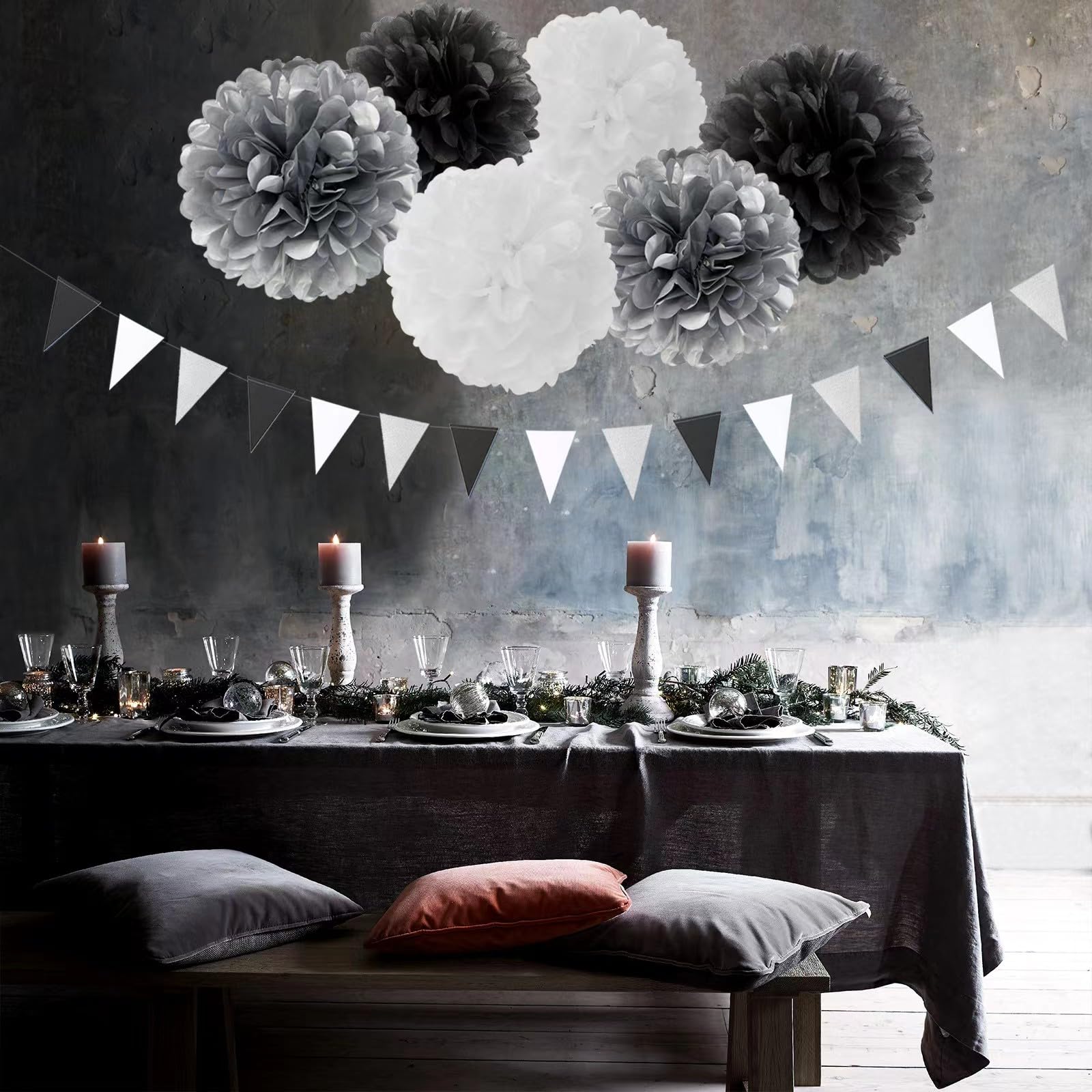 Black White Silver Party-Decorations Streamers - 23pcs Tissue Pom