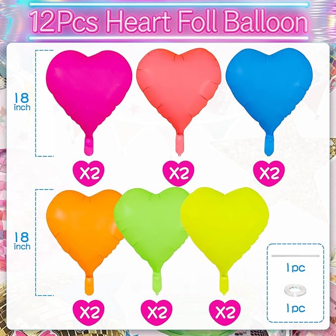 Neon Heart Balloons, 18 Inch Rainbow Heart Shape Foil Balloon, 12 Pcs