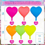 Neon Heart Balloons, 18 Inch Rainbow Heart Shape Foil Balloon, 12 Pcs