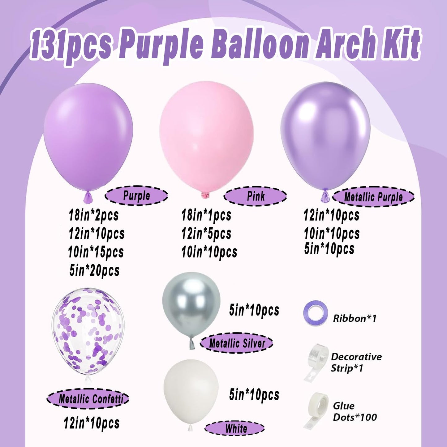 Purple Balloons Garland Arch Kit,131pcs Pink Purple Confetti Balloons
