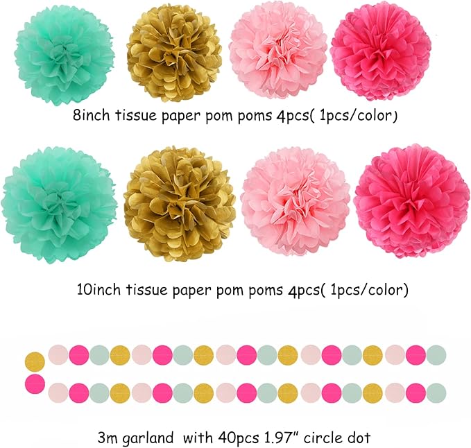 Mint Blush Hot Pink Gold Party Decorations 30pcs Tissue Pom Poms