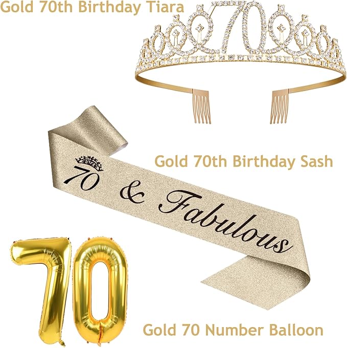70th Birthday Decorations for Women Gold with 70th Birthday Sash and