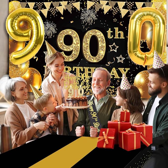90th Birthday Decorations Men Women with 90th Birthday Banner Black