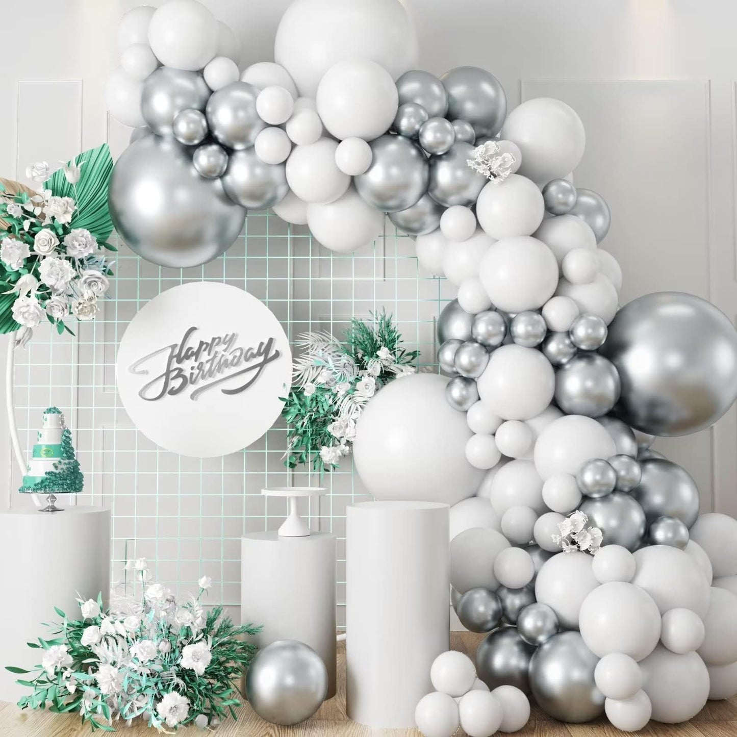 Silver and White Balloon Garland Kit, Metallic Silver White Balloon