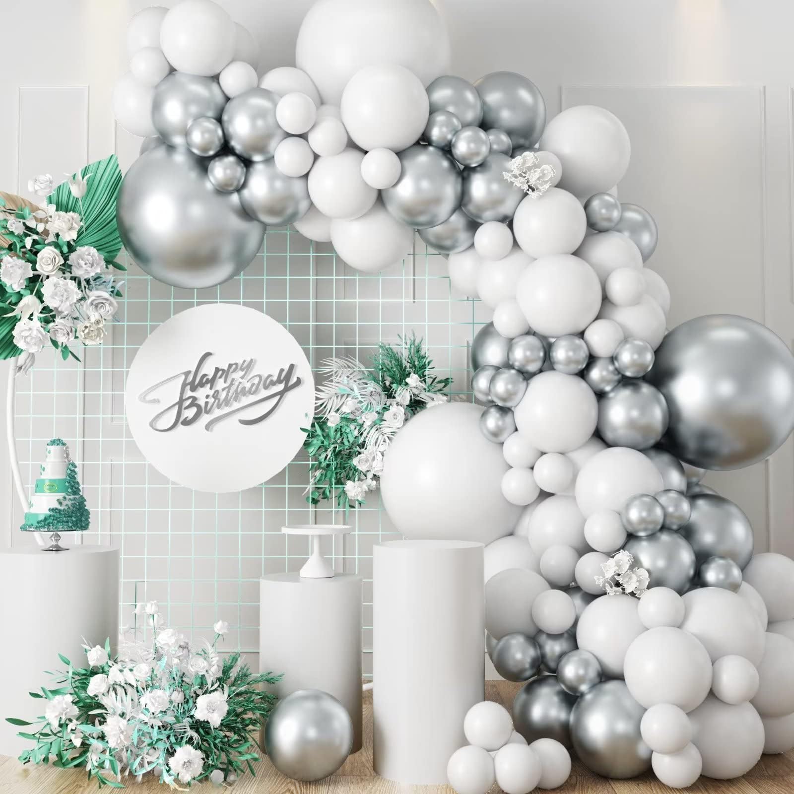 Silver and White Balloon Garland Kit, Metallic Silver White Balloon