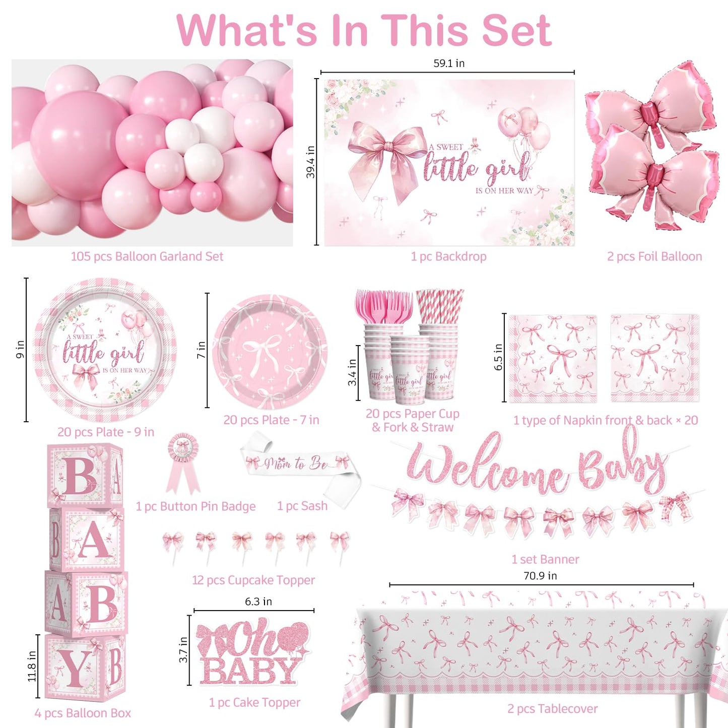 cocomigo 274 Pcs Pink Bow Baby Shower Decorations, All-in-One Party