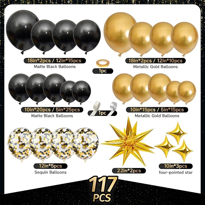 Black and Gold Balloon Arch Kit 117 PCS, Gold and Black Party