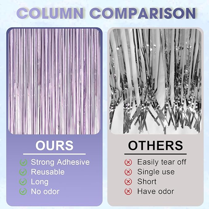 Voircoloria 3 Pack 3.3 x 8.2 ft Light Purple Foil Fringe Backdrop