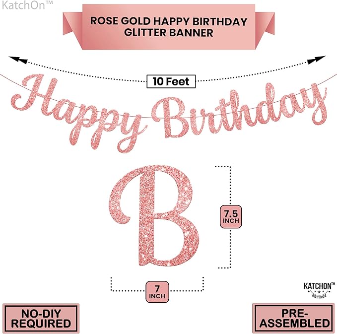 KatchOn Glitter Rose Gold Cursive Happy Birthday Banner - Pre-Strung