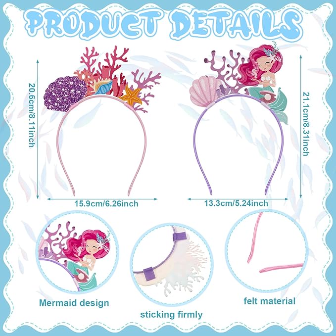 16 Pieces Mermaid Headbands Bulk Felt Under the Sea Hair Accessories