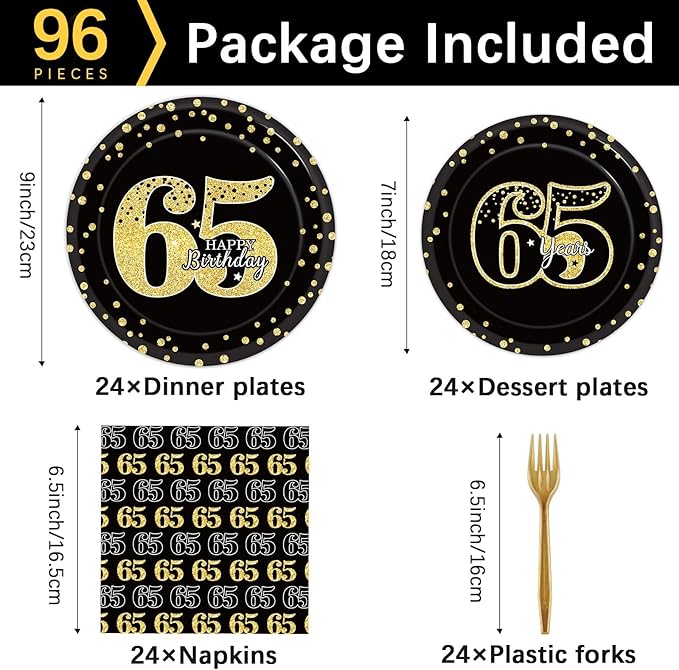 96 Pcs 65th Birthday Decorations for Men 65th Birthday Plates and