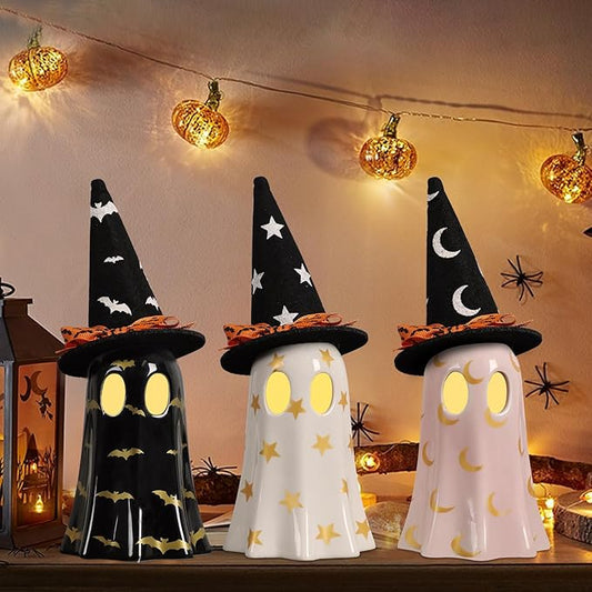 Halloween Decor Indoor Set of 3 Ceramic Ghosts with Witch Hats Cute