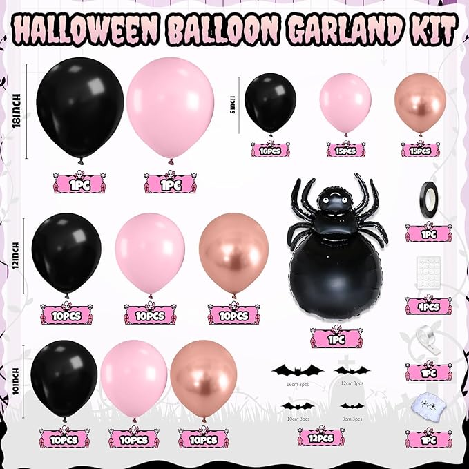 Halloween Balloon Arch Garland Kit Black Pink Rose Gold Spider Foil
