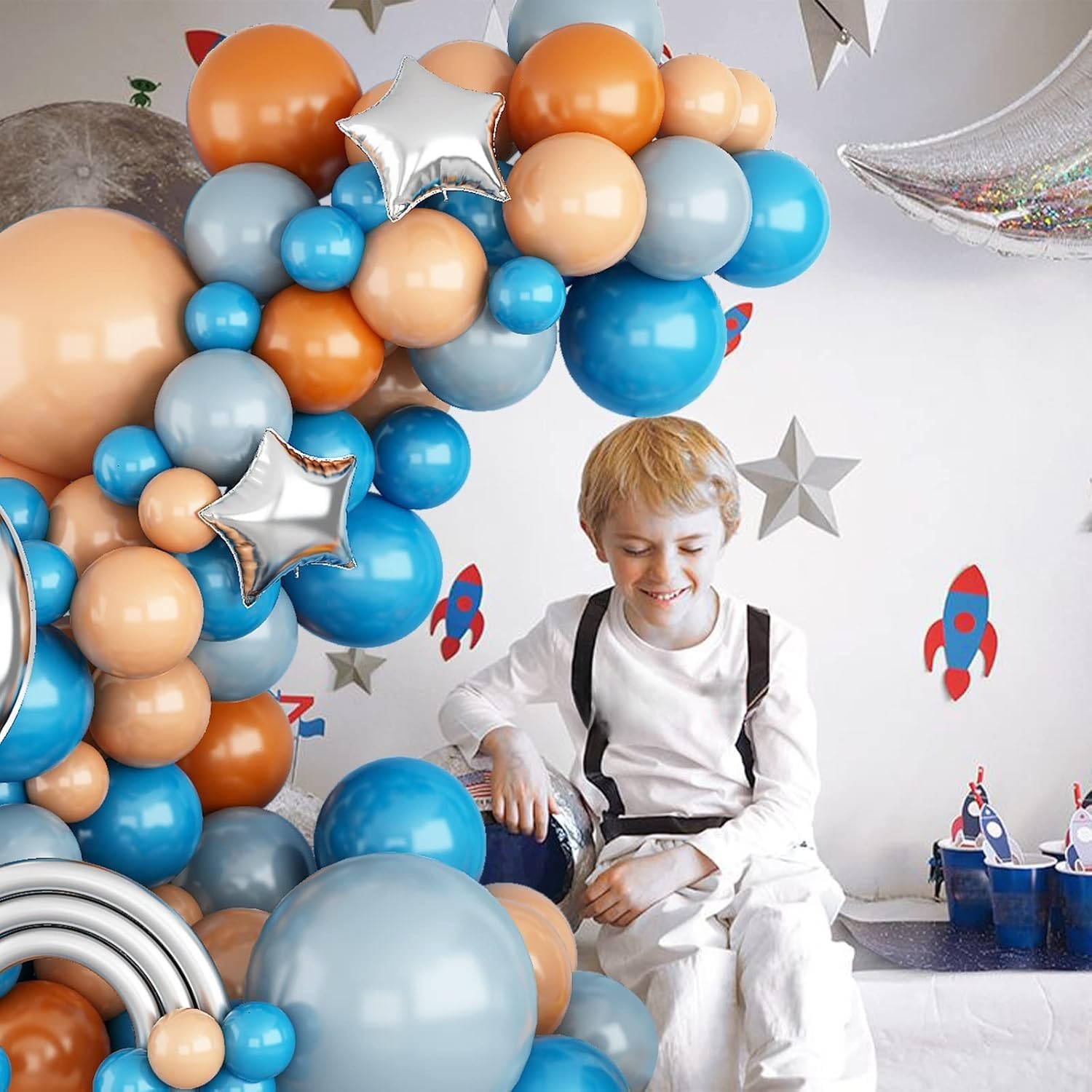 Blue and Orange Balloons Arch Kit, Space Balloon Arch Garland Kit With