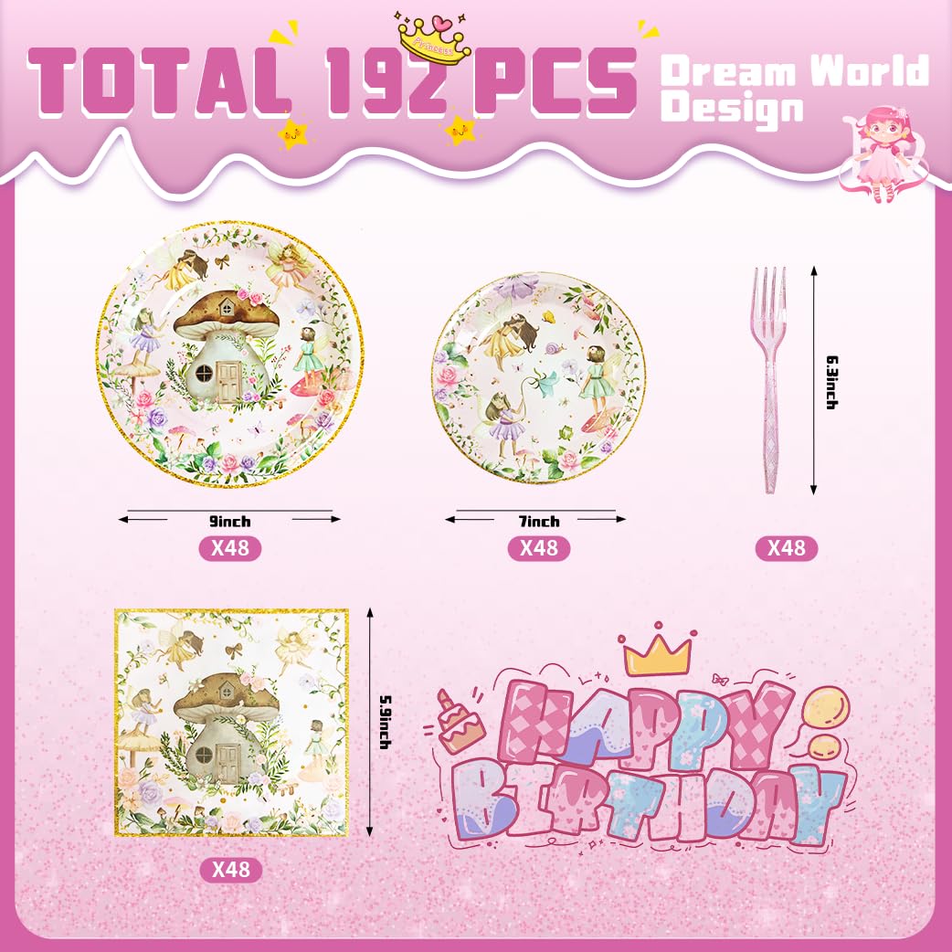 192 Pcs Fairy Party Tableware Set (Serves 48 Guests), Plates, Napkins