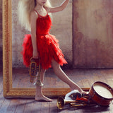 Kids Girls Spaghetti Strap Lace Feather Fringes Tutu Tulle Swan