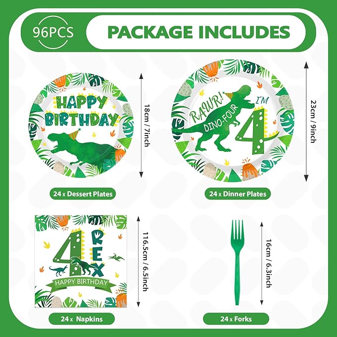 96Pcs Dinosaur 4th Birthday Decorations Dinosaur 4th Birthday Plates
