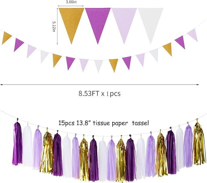 Purple Gold Graduation Decorations 30pcs Kits Lavender White Paper